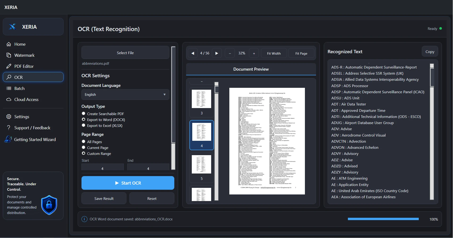 XERIA multilingual OCR interface